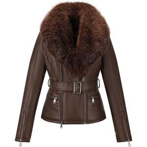 Women's Faux Leather Jacket Moto Biker Sherpa with Removable Fur Collar Brown